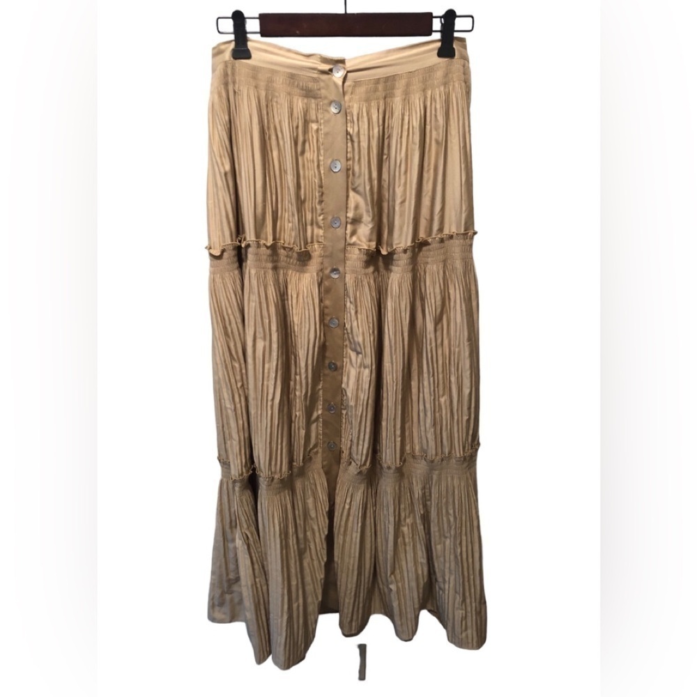 Soft Surroundings Gold Tiered Maxi Crinkle Skirt Sz. M Button Front Silky Feel